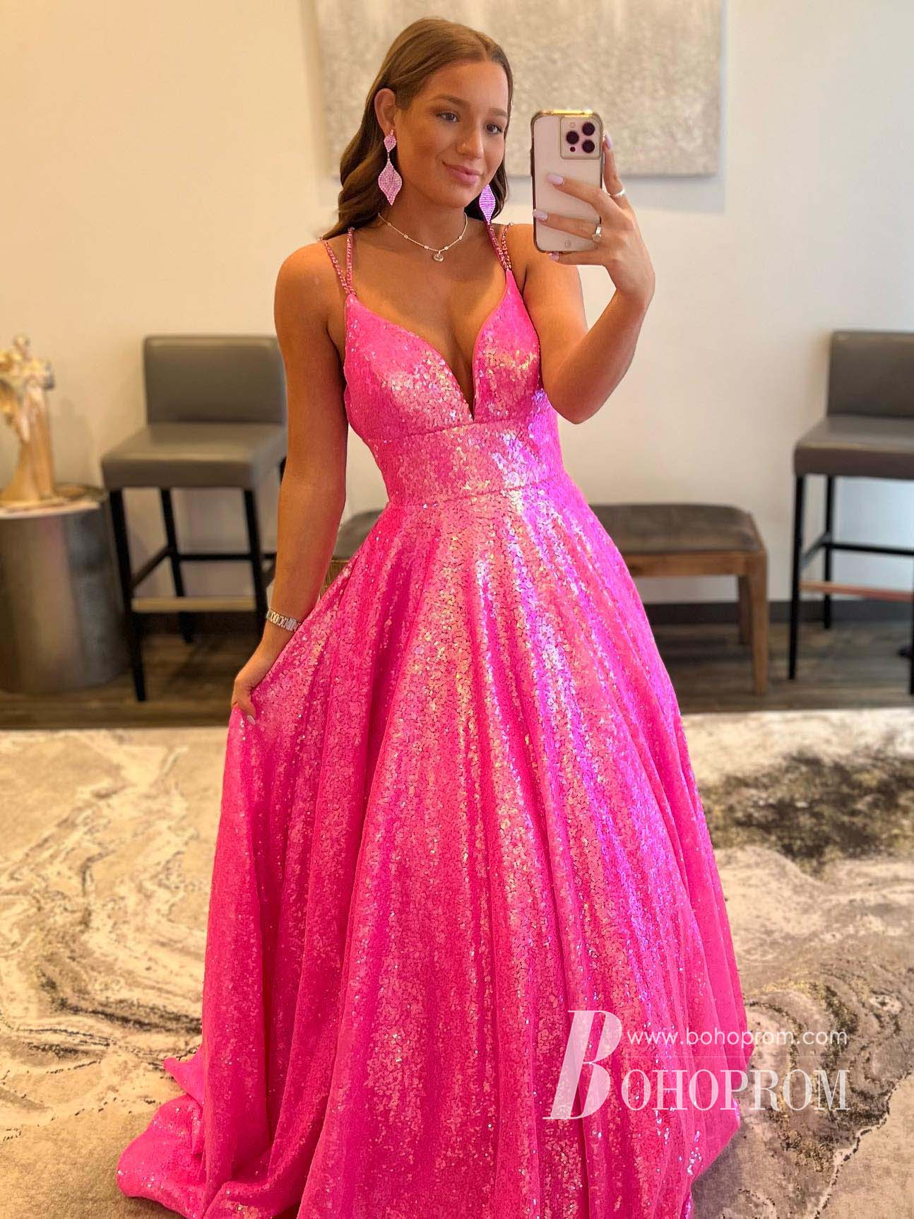 Hot Pink Sleeveless Cut Out Stretch Pink Sequin Prom Dress Full