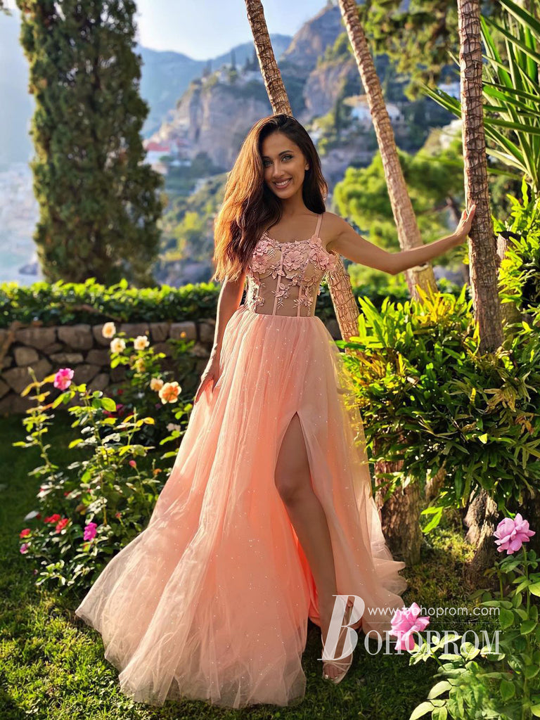 Stunning Spaghetti Straps Beadings Appliques Prom Dresses Tulle A-line Gowns PD768