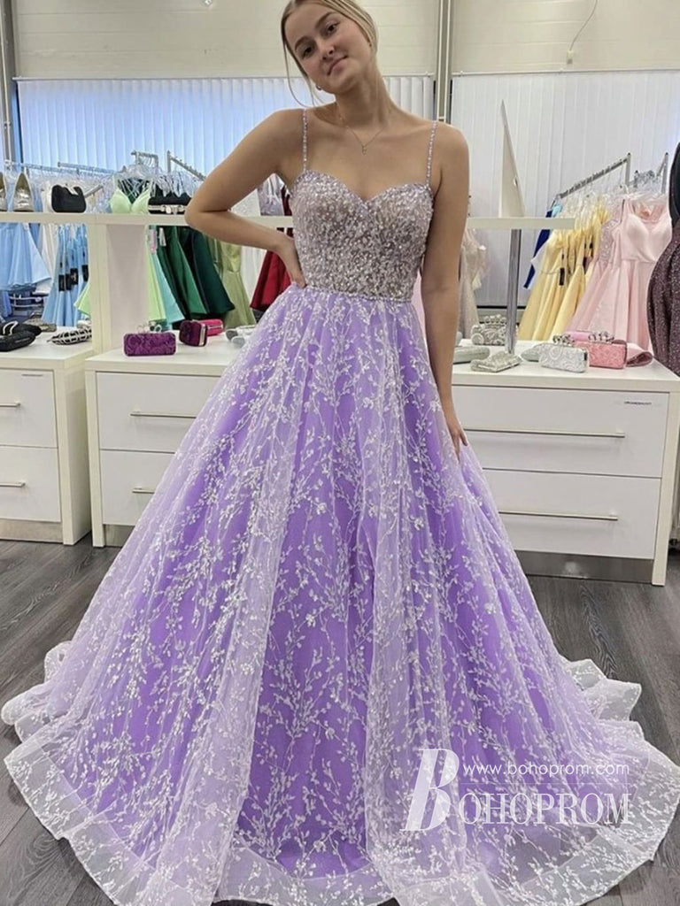 Marvelous Floral Lace Beads Spaghetti Straps A-line Sweep Train Prom Dresses PD769