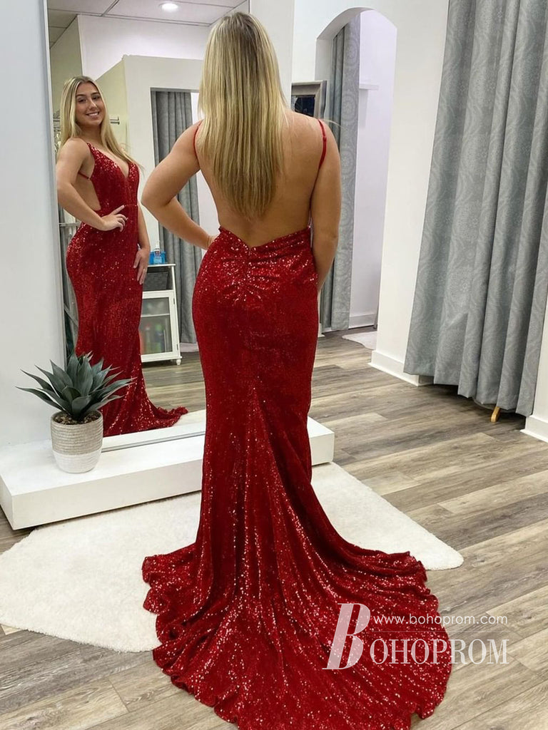 Sexy Sequin Lace Spaghetti Straps Sheath Backless Sweep Train Prom Dresses PD770