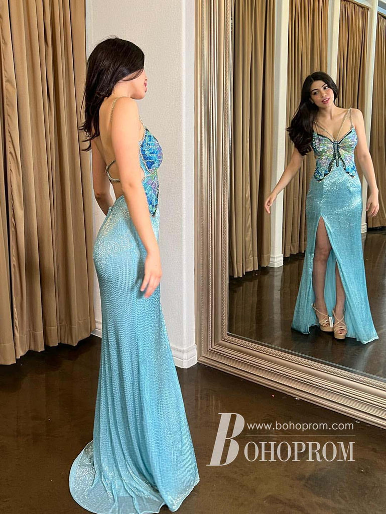 Gorgeous Sequin Lace Beadings Spaghetti Straps Long Sheath Prom Dresses With Slit PD774
