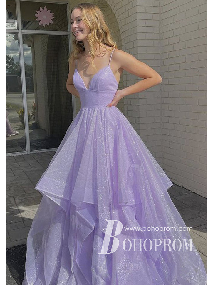 Shining Spaghetti Straps Tulle Prom Dresses A-line Tiered Evening Gowns PD778
