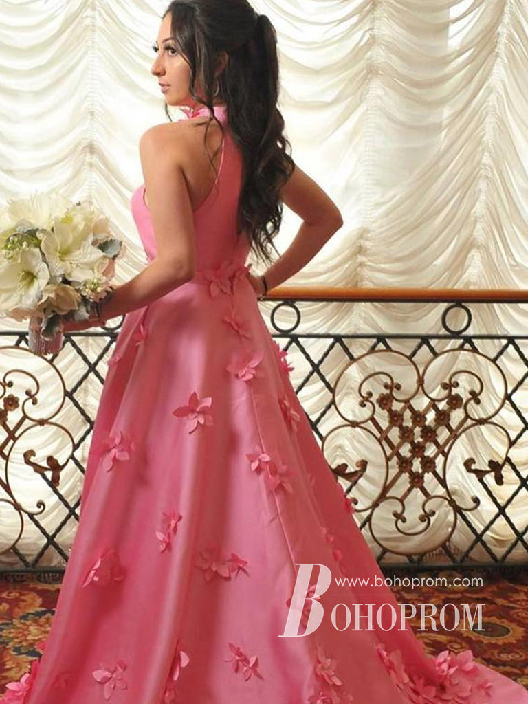 Stunning Halter 3D Appliques A-line Prom Dresses Satin Evening Gowns PD781