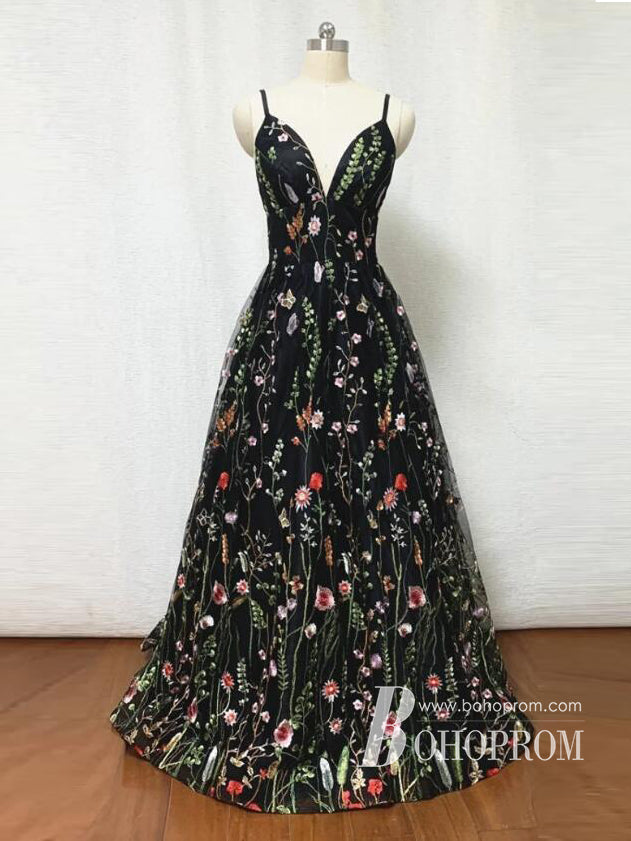 Exquisite Spaghetti Straps Floral Lace Prom Dresses Long A-line Formal Gowns PD783