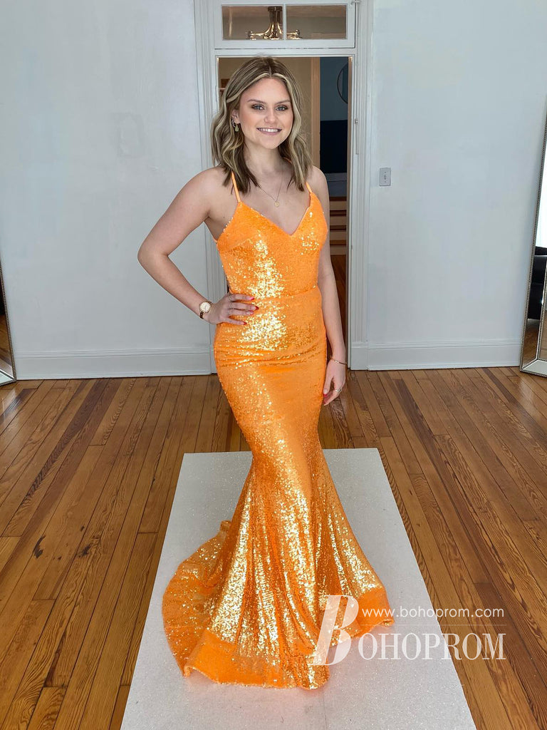 Sparkly Sequin Lace Spaghetti Straps Neckline Sweep Train Mermaid Prom Dress PD784