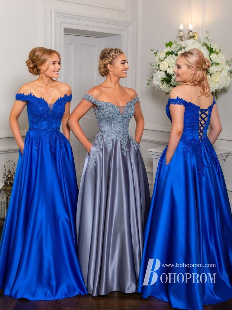 Marvelous Satin Off-the-shoulder A-line Prom Dresses With Appliques Beadiings PD786