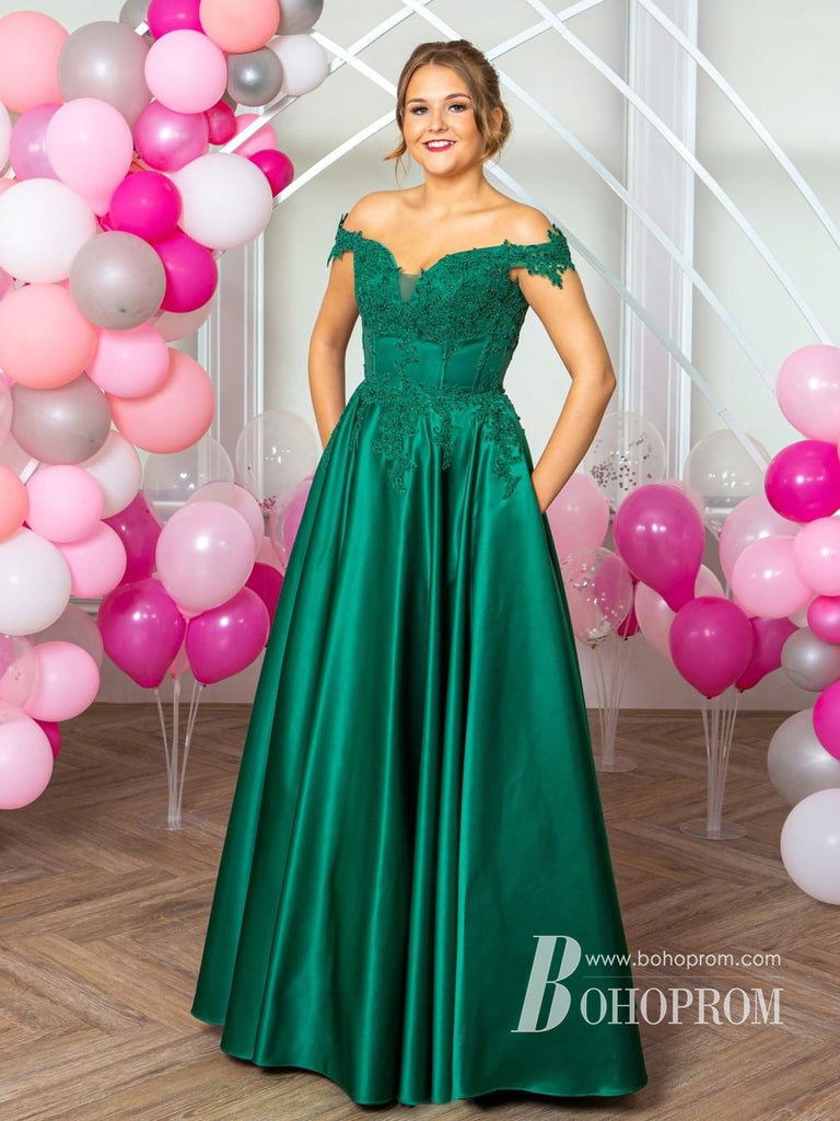 Marvelous Satin Off-the-shoulder A-line Prom Dresses With Appliques Beadiings PD786