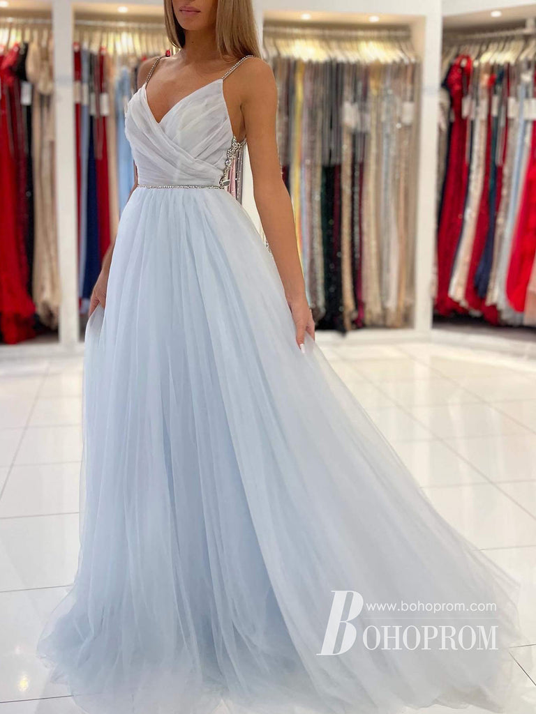 Charming A-line Spaghetti Strap Backless Tulle Long Prom Dresses With Rhine Stones PD788