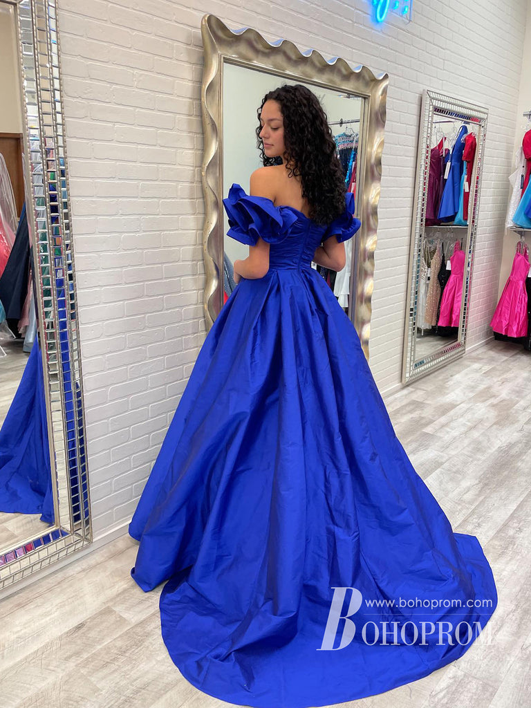 Classic Off-the-shoulder Satin A-line Sweep Train Prom Dress PD793
