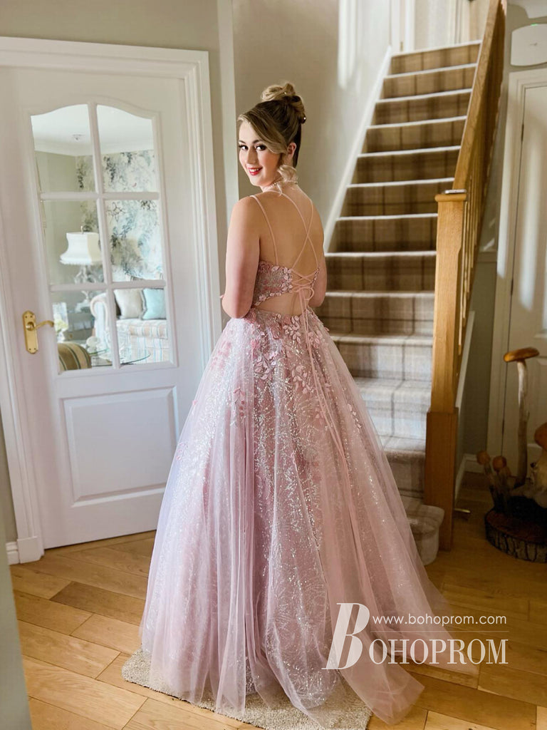 Marvelous Shiny Lace Spaghetti Straps A-line Appliques Prom Dresses PD795