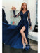 Delicate Rhinestone Satin & Lace Long Sleeves A-line Prom Dresses With Split PD800