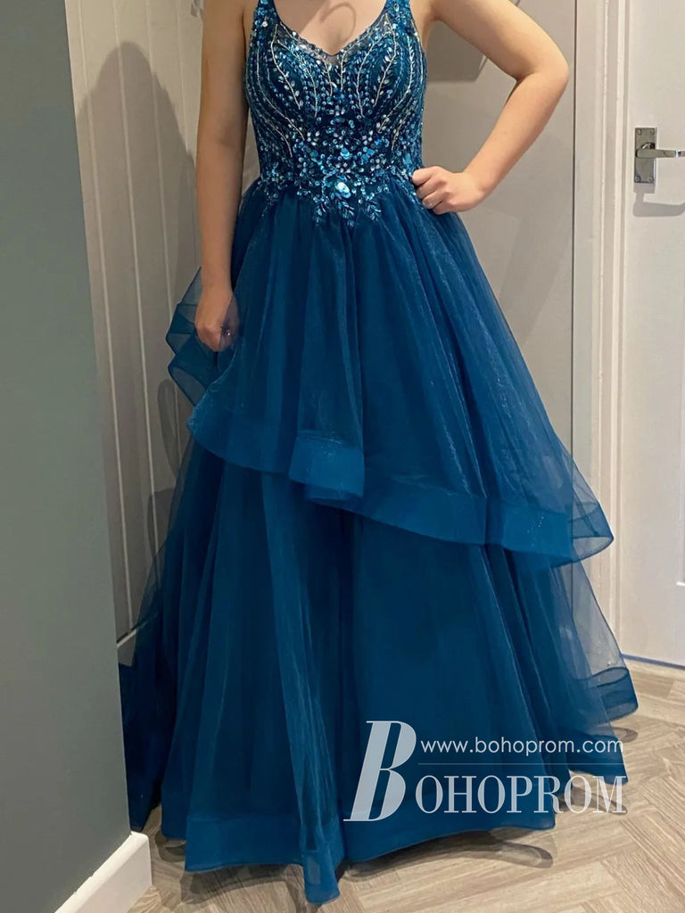 Amazing Sequins Beaded Tulle Prom Dresses A-line Floor Length Gowns PD812
