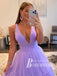 Stunning Tiered Tulle Deep V-neckline A-line Floor-length Prom Dresses PD815