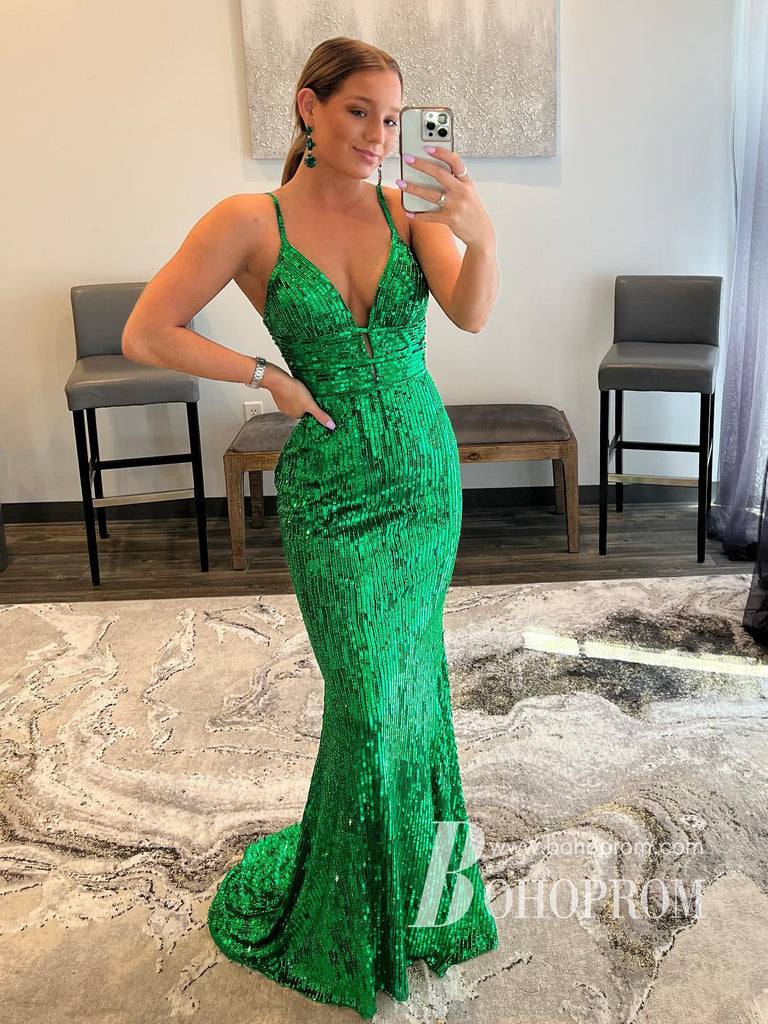 Shining Sequin Lace Spaghetti Straps Sweep Train Mermaid Prom Dress PD816