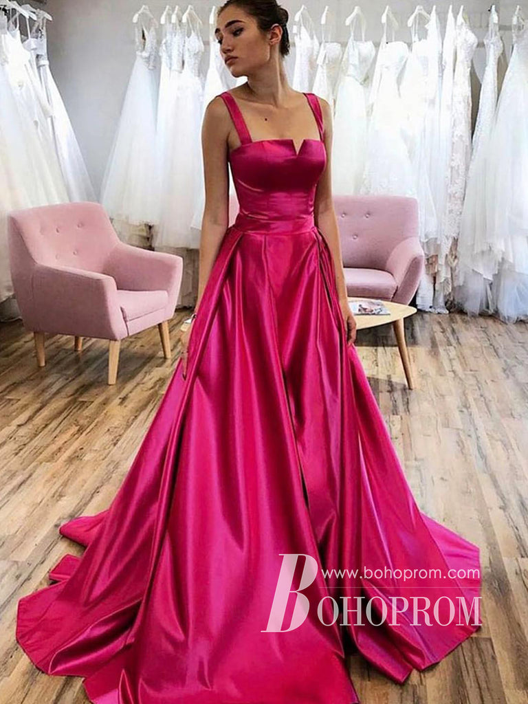 Stunning Satin Straps Chapel Train Prom Dress A-line Evening Dresses PD818