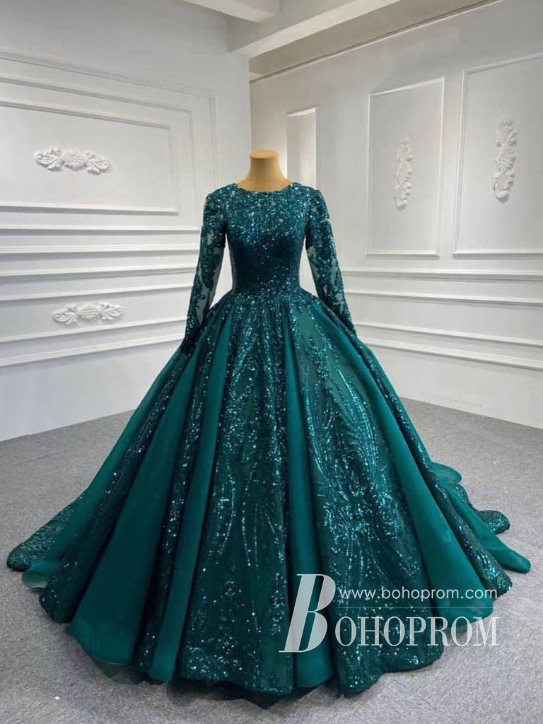 Marvelous Satin Long Sleeves Ball Gown Evening Dresses With Sequins Appliques PD823
