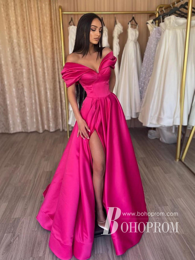 Charming Satin Off-the-shoulder A-line Long Prom Dresses With Split PD826