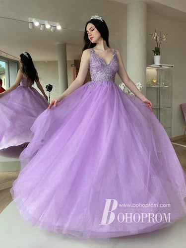 Shiny Tulle Appliques Rhinestone V-neckline A-line Long Prom Dresses PD833