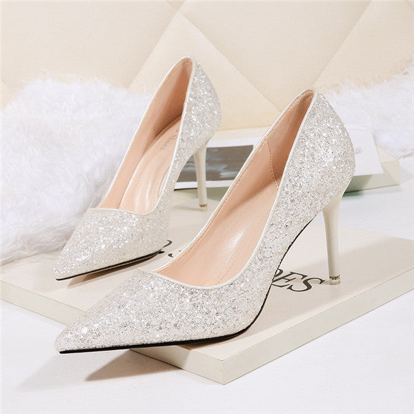 Silver Sparkly Heels Prom Shoes Peep Toe Stiletto Heel Pumps|FSJshoes