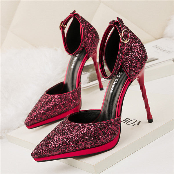 Attractive PU Upper Sequined Closed Toe Stiletto Heels Prom Shoes PS023