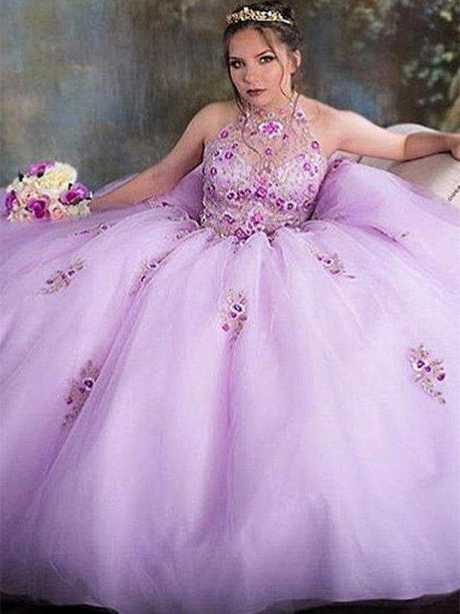 Sparkly Halter Tulle Ball Gowns Quinceanera Dresses With Beads and Appliques QD002