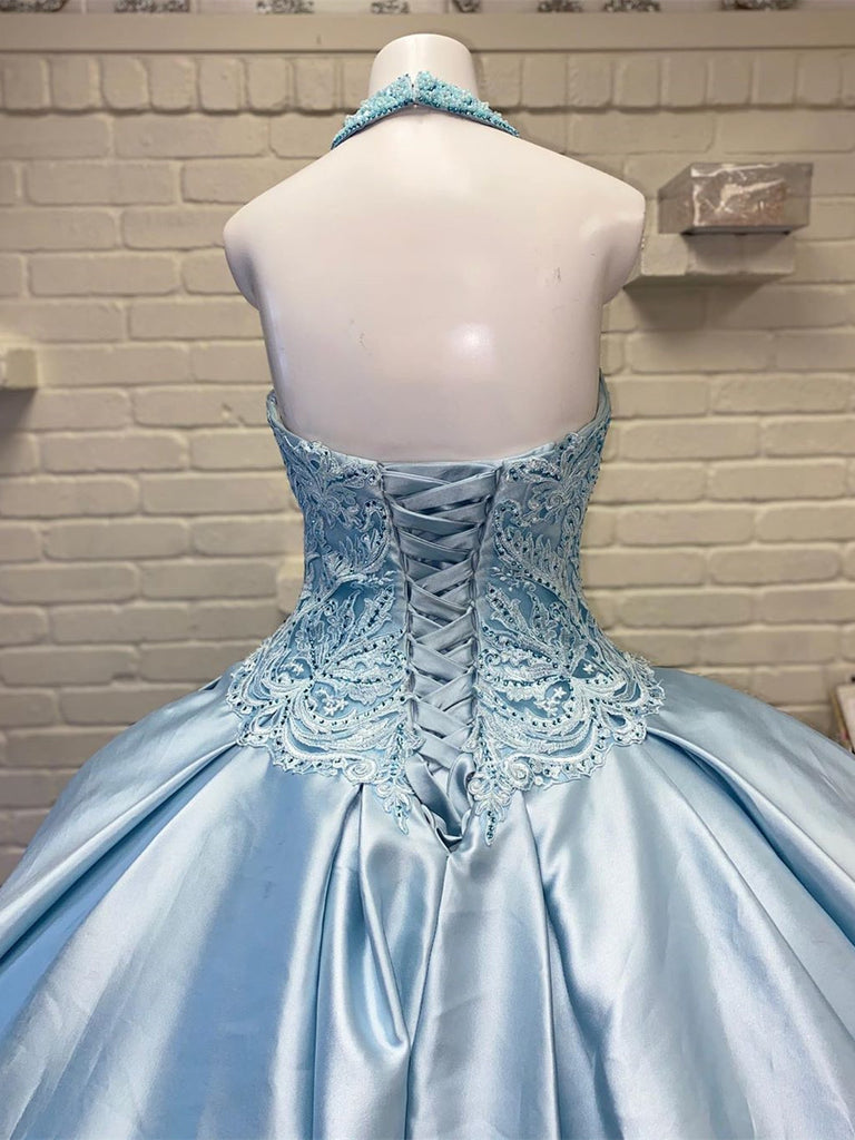 Halter Satin Quinceanera Dresses Ball Gown Appliqued Gowns QD013