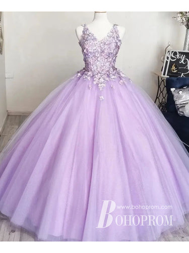 Excellent Tulle 3D Appliques Beaded V-neckline A-line Long Ball Gown QD016