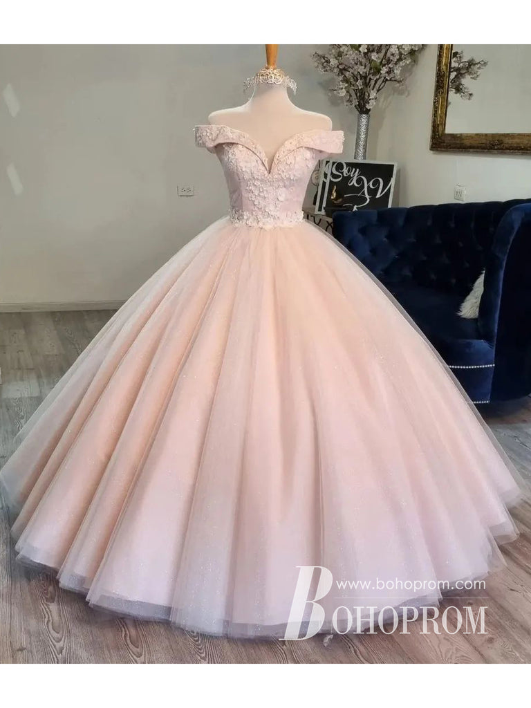 Amazing Tulle Off-the-shoulder Appliques Quinceanera Dresses Beaded A-line Ball Gown QD018