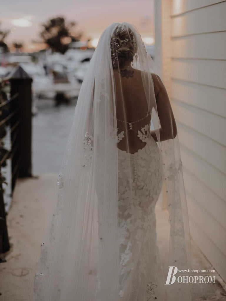 Unique Lace Spaghetti Straps Appliqued Mermaid Wedding Dress WD062