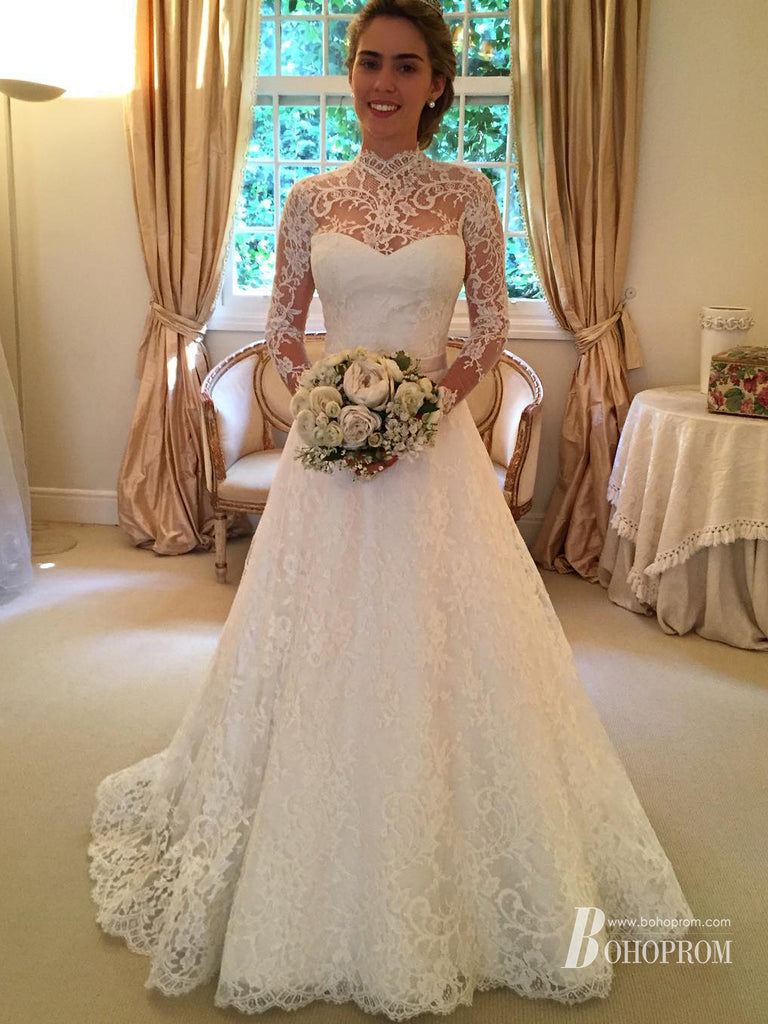 Popular Lace High-neck Neckline Cut-out A-line Wedding Dresses WD094