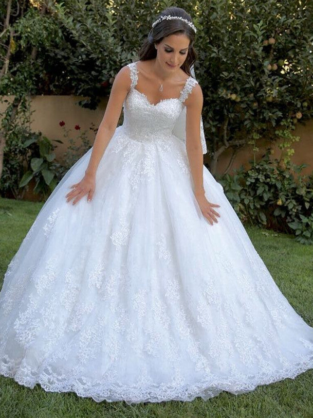 Stunning Tulle Spaghetti Straps Neckline Ball Gown Wedding Dresses With Appliques WD107