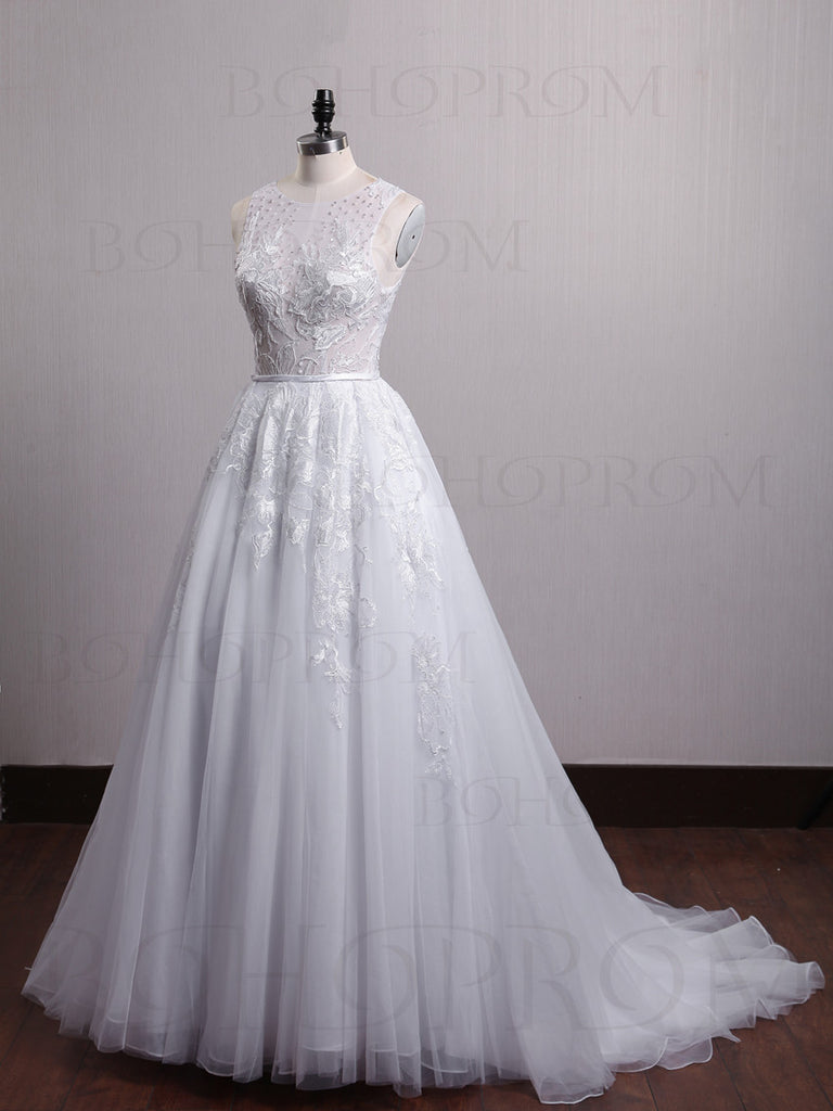 Romantic Tulle Jewel Neckline Chapel Train A-line Wedding Dresses WD123