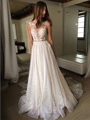 Elegant Tulle Bateau Neckline A-line Wedding Dresses With Appliques WD124