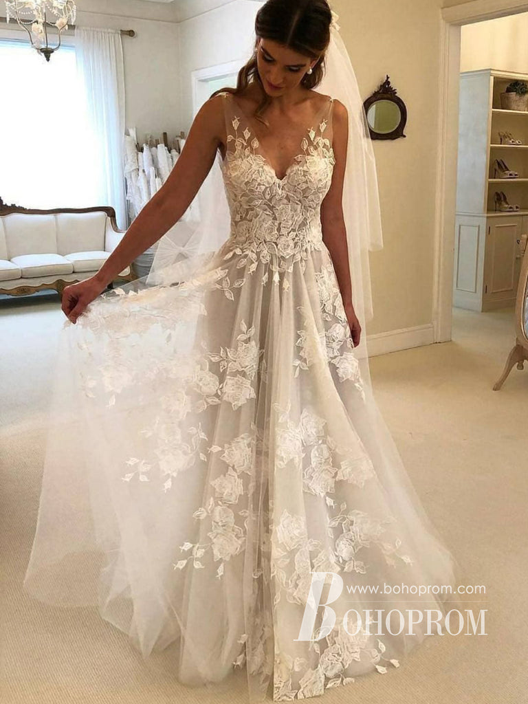 Wonderful Tulle V-neck Neckline A-line Wedding Dresses With Appliques WD139