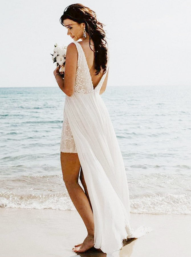 Shining Sequin Lace & Chiffon V-neck Neckline A-line Wedding Dresses WD157