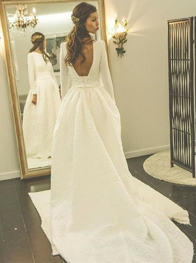 Charming Satin & Lace Bateau Neckline Long Sleeves A-line Wedding Dresses WD159