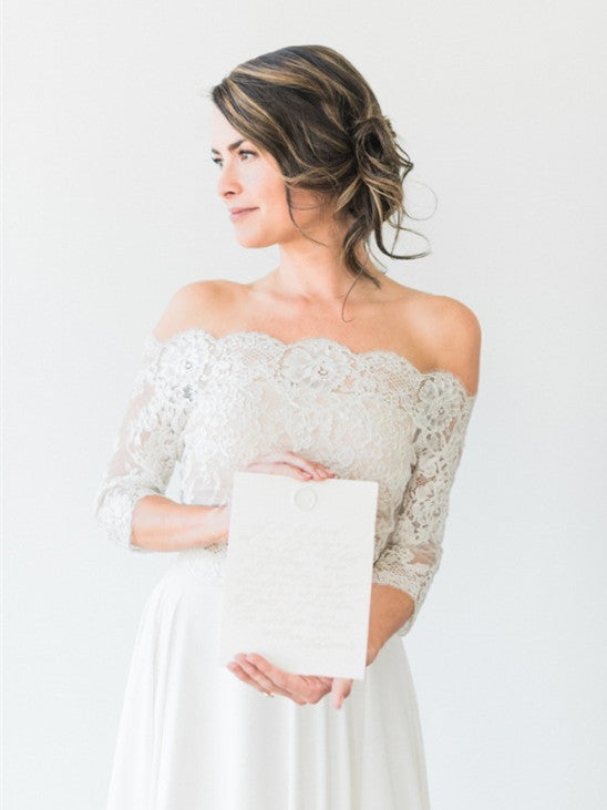 Unique Lace & Chiffon Off-the-shoulder Neckline A-line Wedding Dresses WD162