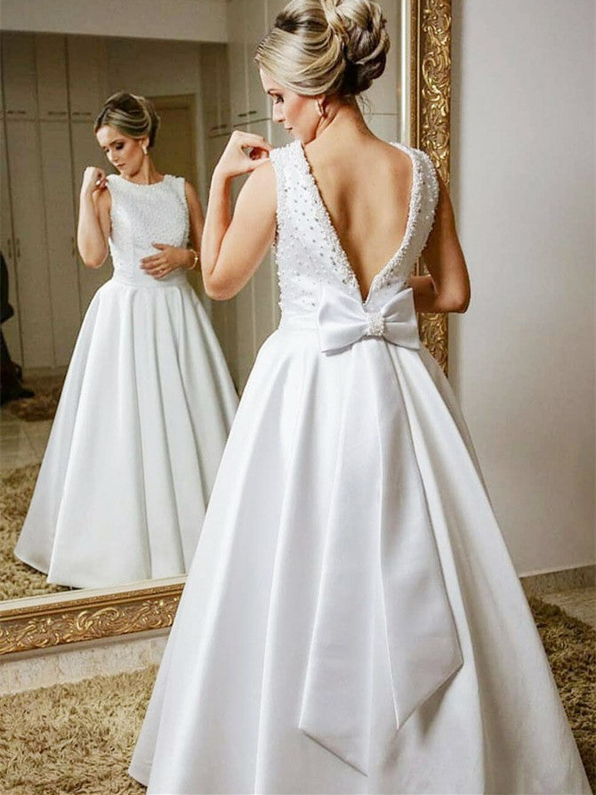 Modest Satin Bateau Neckline A-line Wedding Dresses With Beadings WD163