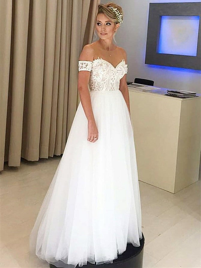Glamorous Tulle Jewel Neckline Short Sleeves A-line Wedding Dresses WD165