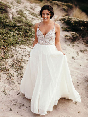 Stunning Chiffon Spaghetti Straps Neckline A-line Wedding Dresses With Beaded WD168