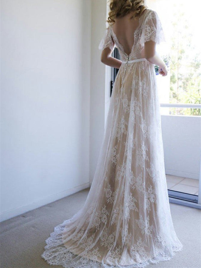 Glamorous Lace V-neck Neckline Short Sleeves A-line Wedding Dresses WD171