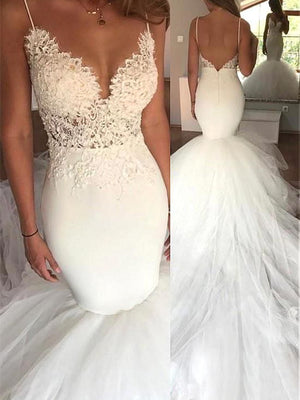 Attractive Satin & Tulle Spaghetti Straps Neckline Mermaid Wedding Dresses WD183