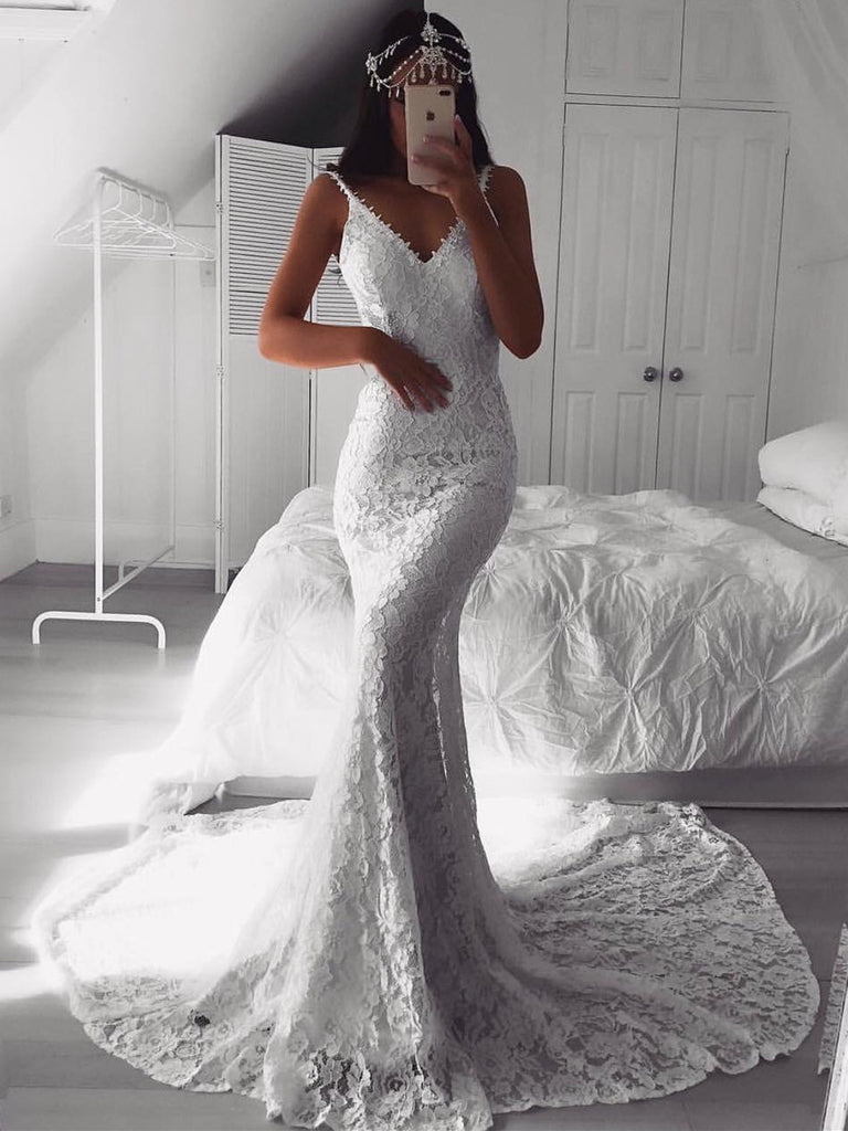 Alluring White Lace Wedding Dresses Spaghetti Straps Sheath Bridal Gowns WD188