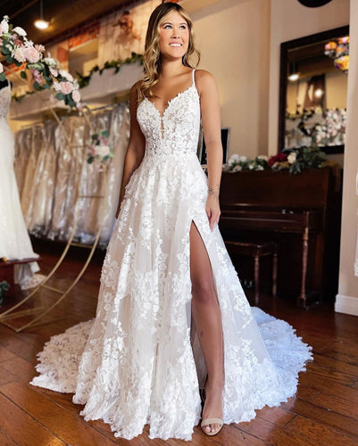 $268.99 Spaghetti Straps Sweetheart Neck A Line Wedding Dress Tulle Bridal Gown with High Slit  WD1903