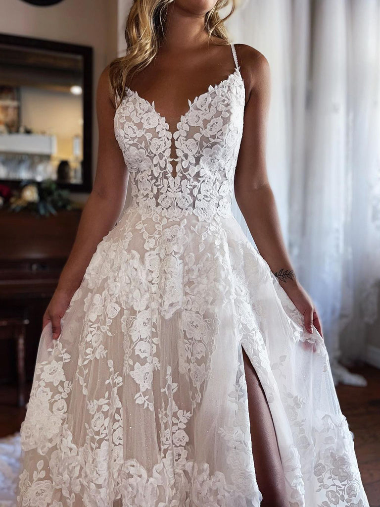 $268.99 Spaghetti Straps Sweetheart Neck A Line Wedding Dress Tulle Bridal Gown with High Slit  WD1903
