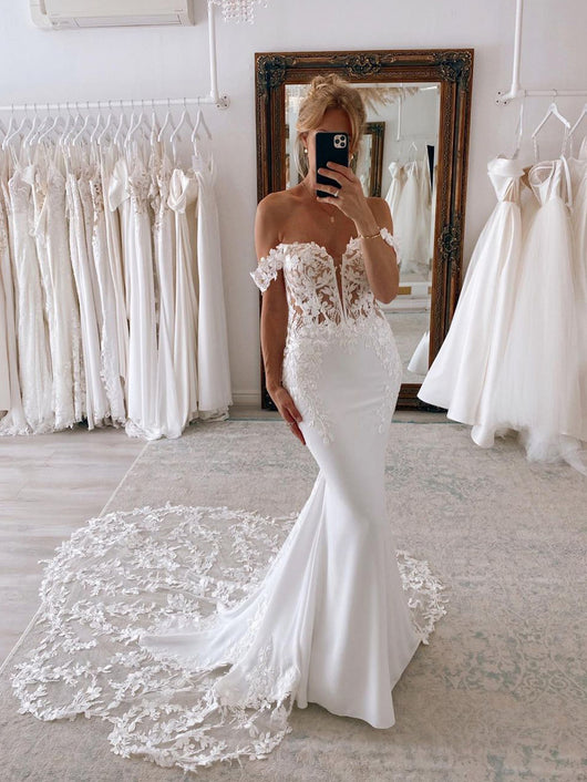 Exquisite Off the Shoulder Mermaid Bridal Gown with Scalloped Lace