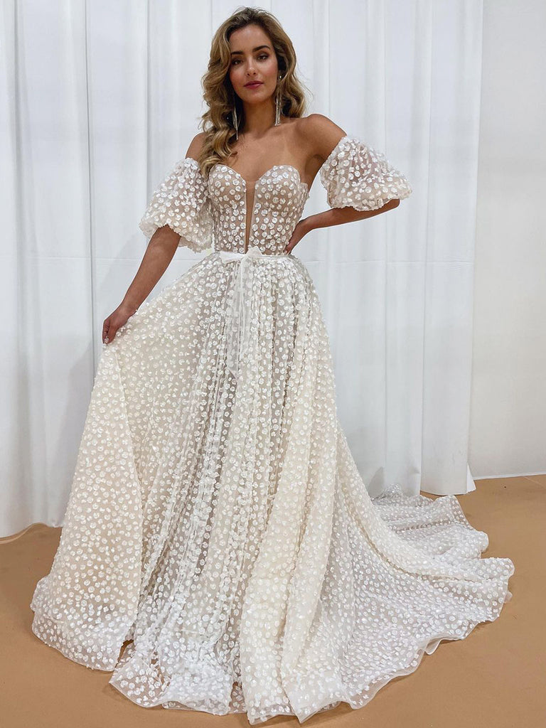 $269.99 Sweetheart Neck Ball Gown Polka Dots  Wedding Dress with Detachable Puff Sleeves WD1914
