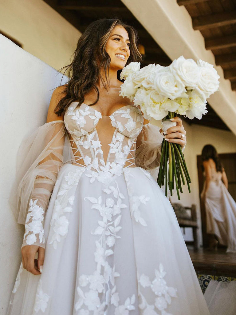 $269.99  A-Line Off The Shoulder Long Sleeves Lace Appliques Bohemian Wedding Dress WD1918