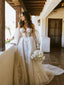 A-Line Off The Shoulder Long Sleeves Lace Appliques Bohemian Wedding Dress WD1918