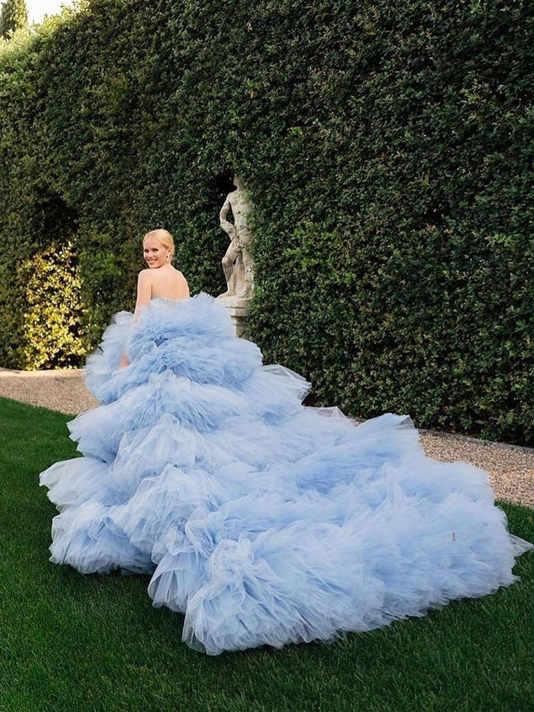 Drama Ball Gown Wedding Dress Dusty Blue Tiered Tulle Wedding Dress WD1921
